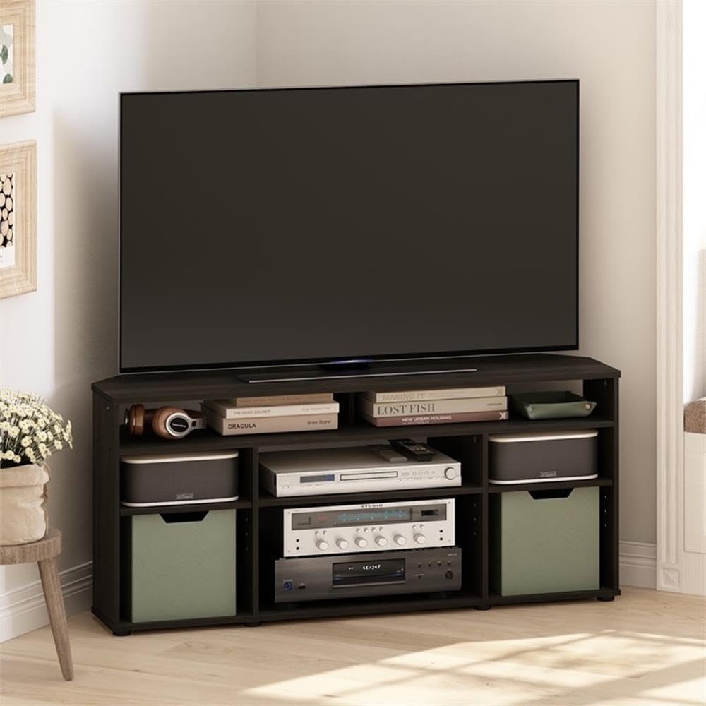Espresso Composite Wood Corner TV Stand with Adjustable Shelves J59896