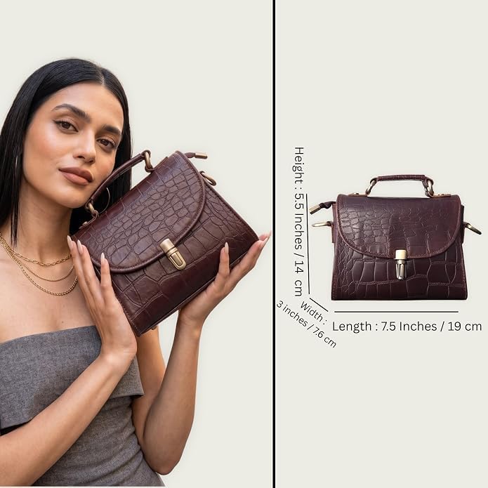 Genuine Leather Crocodile Embossed Crossbody Bag Brown F29601
