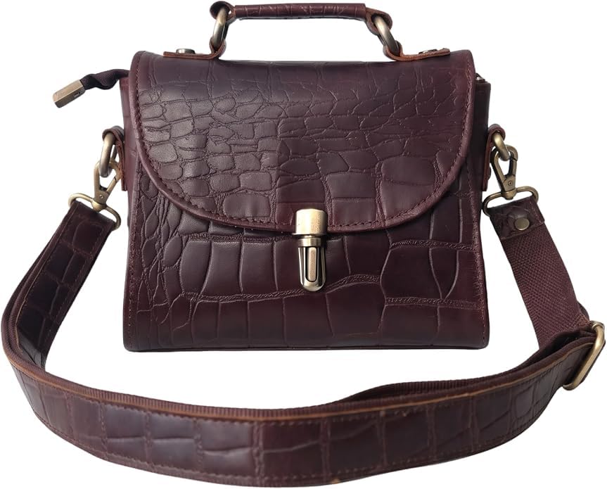Genuine Leather Crocodile Embossed Crossbody Bag Brown F29601