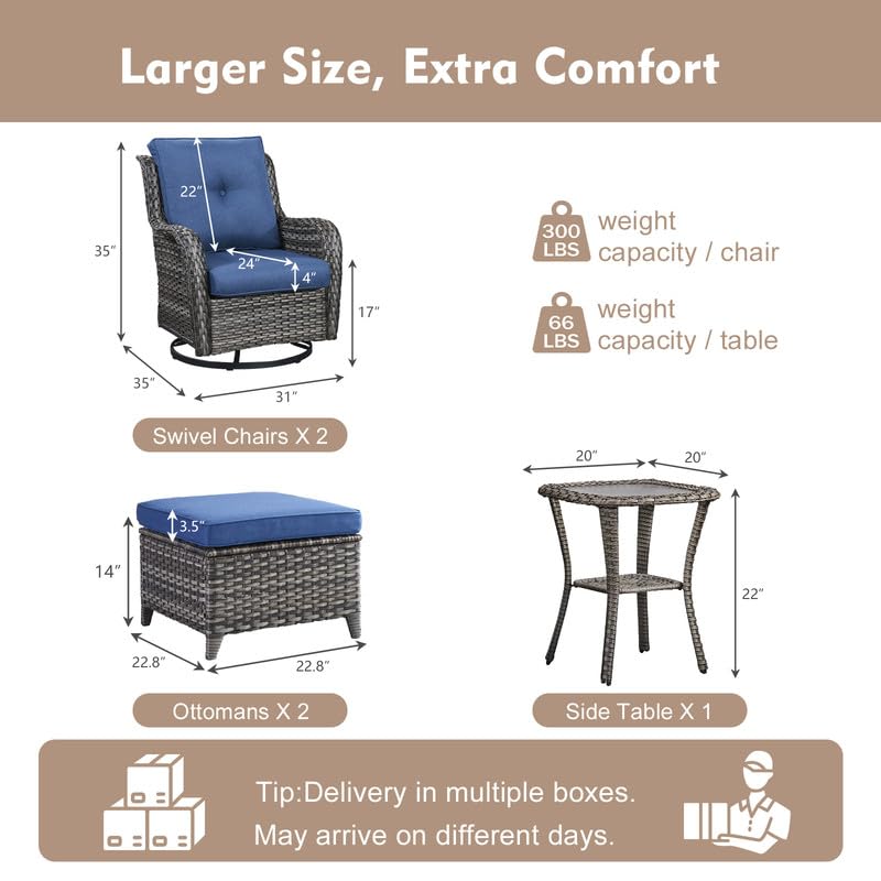 5 Pieces Outdoor Wicker Patio Furniture Set with Ottoman Blue L3114