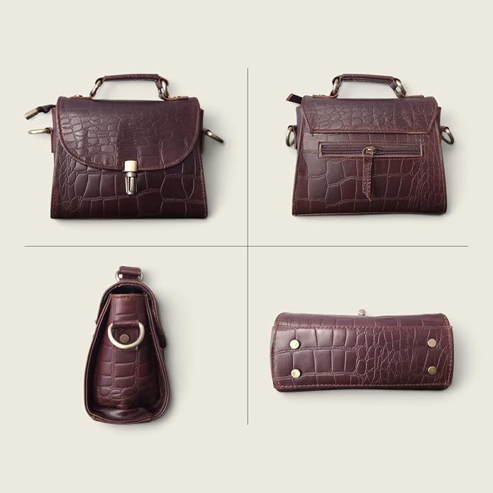 Genuine Leather Crocodile Embossed Crossbody Bag Brown F29601