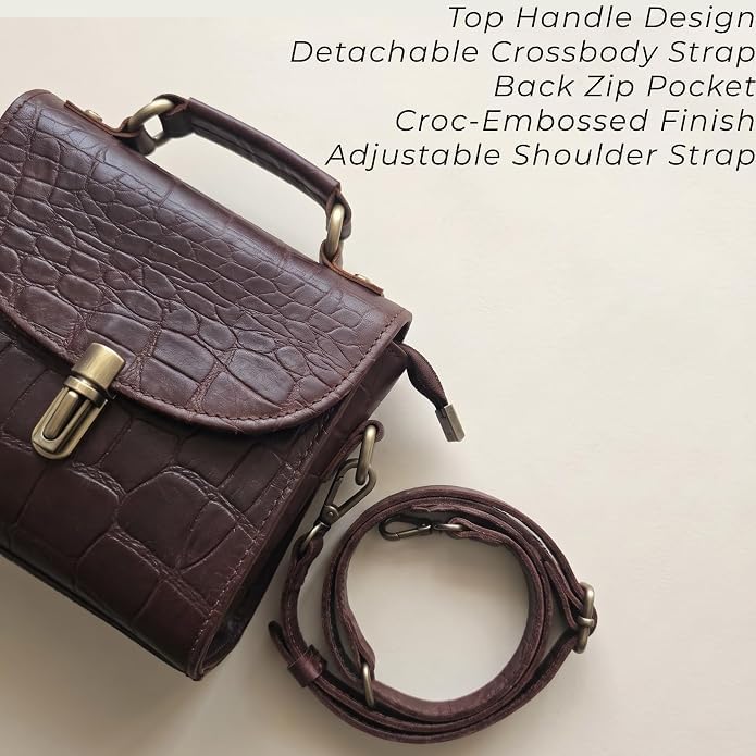 Genuine Leather Crocodile Embossed Crossbody Bag Brown F29601