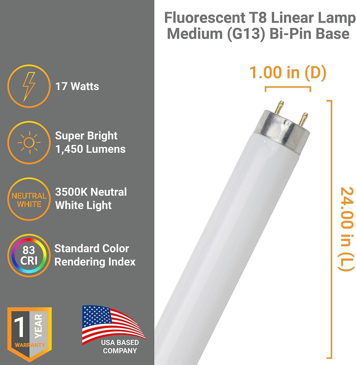24 Inch T8 Fluorescent Tube Light Bulb 17W 3500K Neutral White G13 Base Pack of 30 C553682