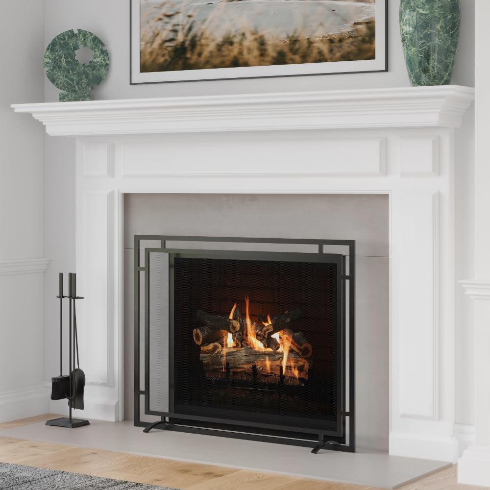 Black Single Panel Steel Mesh Fireplace Screen X40023