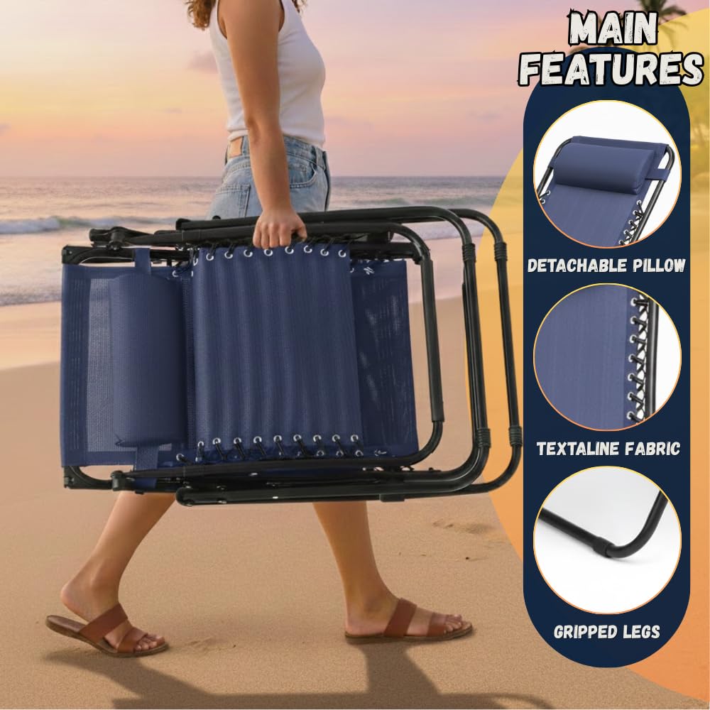Set of 2 Navy Blue Adjustable Folding Lounge Chairs with Pillows X325118