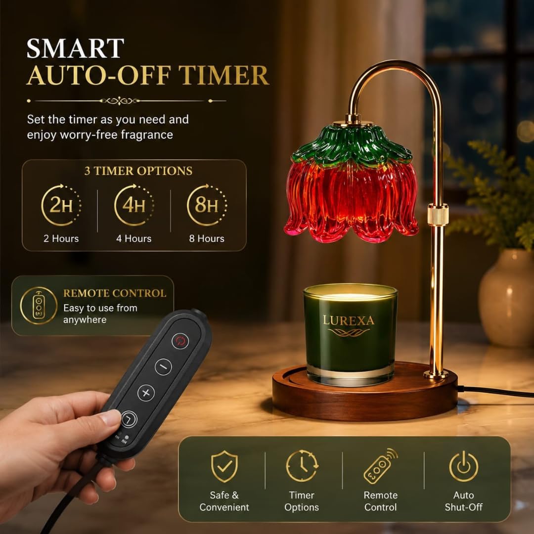 Adjustable Height Candle Warmer Lamp with Timer & Dimmer, Glass Lotus Wax Warmer, 2 GU10 50W Bulbs, Wooden Base X672