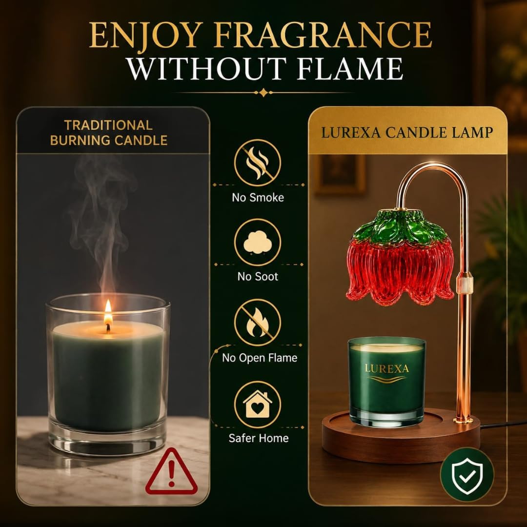 Adjustable Height Candle Warmer Lamp with Timer & Dimmer, Glass Lotus Wax Warmer, 2 GU10 50W Bulbs, Wooden Base X672