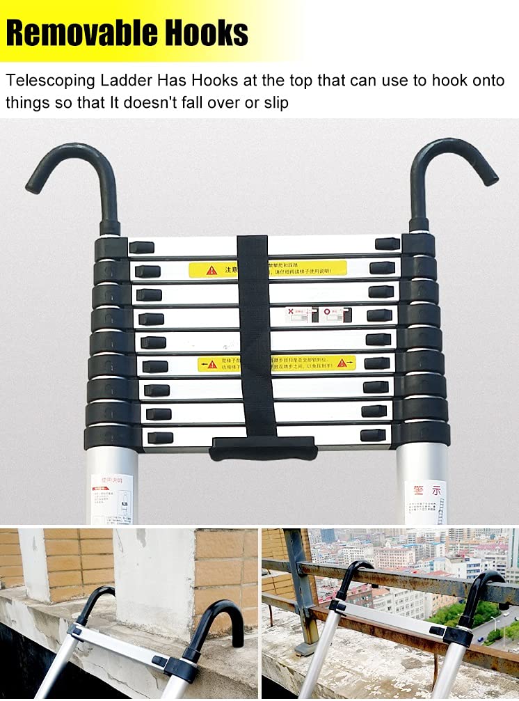 Telescopic Ladder 20ft/23ft/26ft Aluminum with Hook & Stabilizer Bar G543
