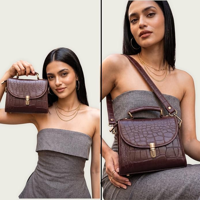 Genuine Leather Crocodile Embossed Crossbody Bag Brown F29601