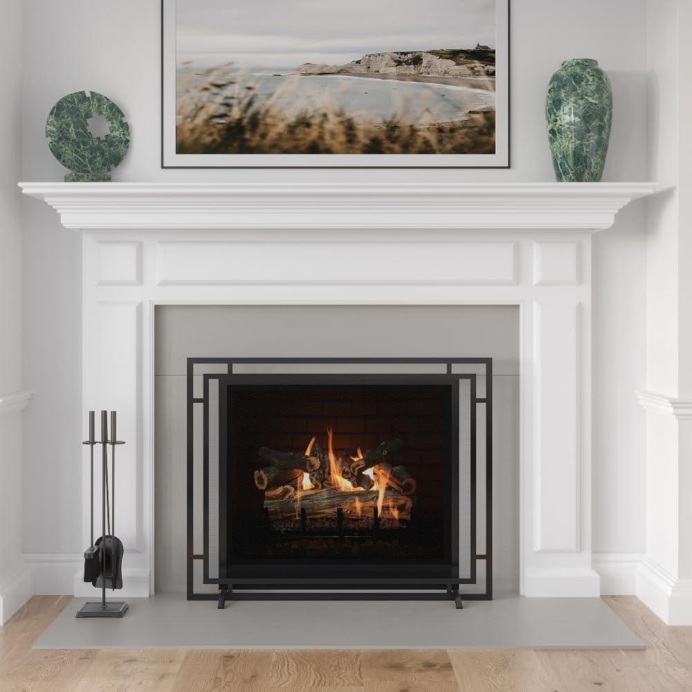 Black Single Panel Steel Mesh Fireplace Screen X40023