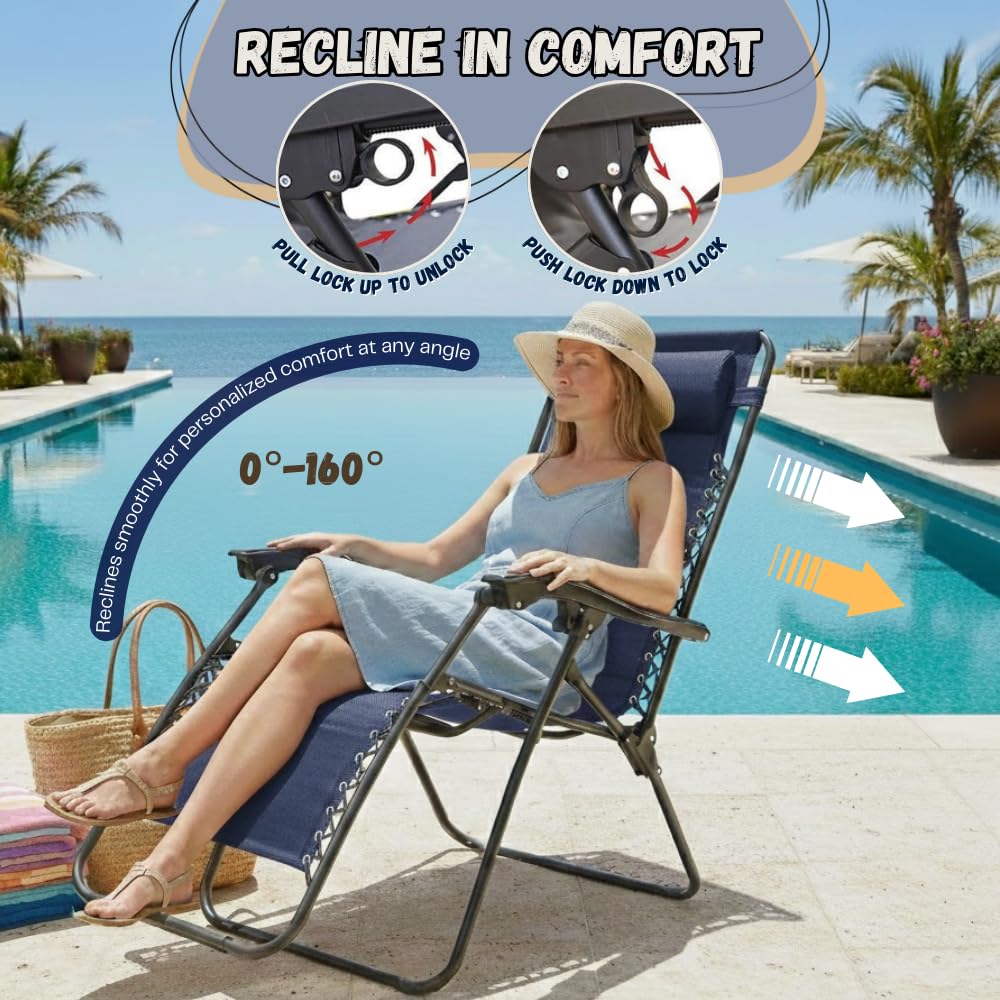 Set of 2 Navy Blue Adjustable Folding Lounge Chairs with Pillows X325118