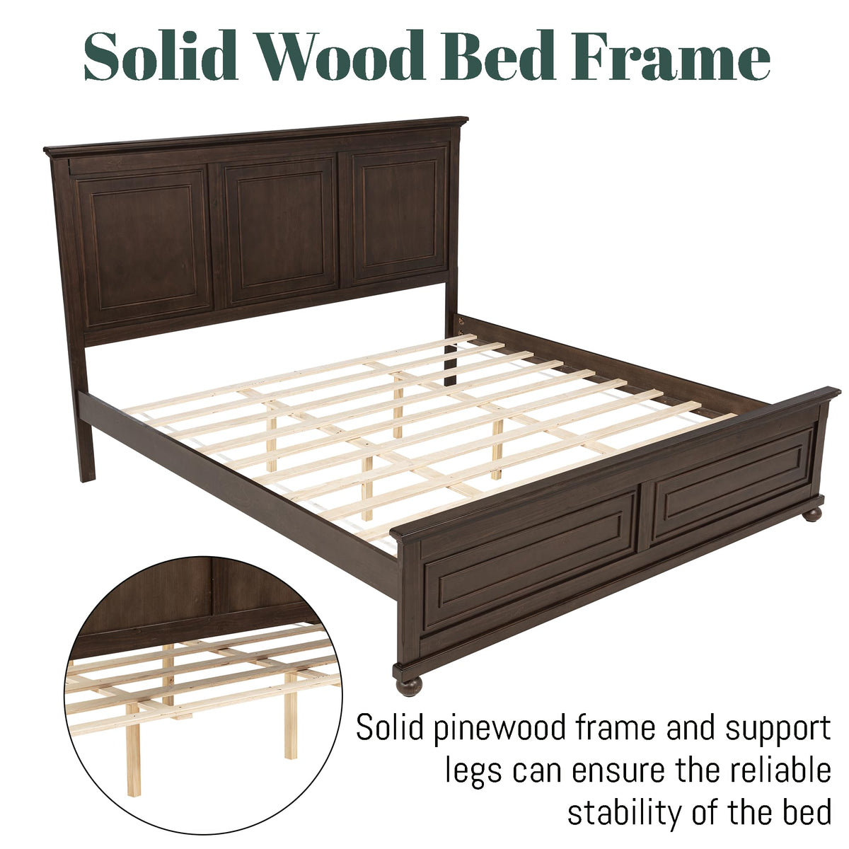 King Size Pinewood Platform Bed with Headboard and Footboard K89503