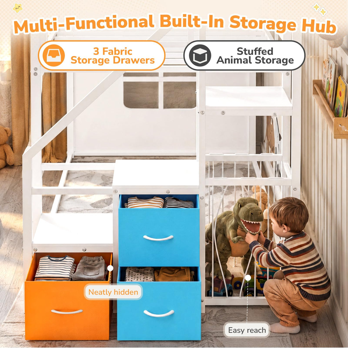 White Twin Over Twin Bunk Bed with Stairs and 3 Storage Drawers M38808