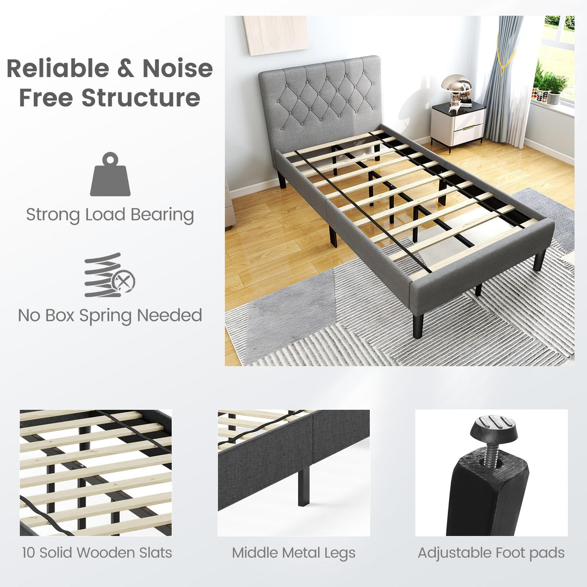 Grey Twin Upholstered Platform Bed with Headboard D147