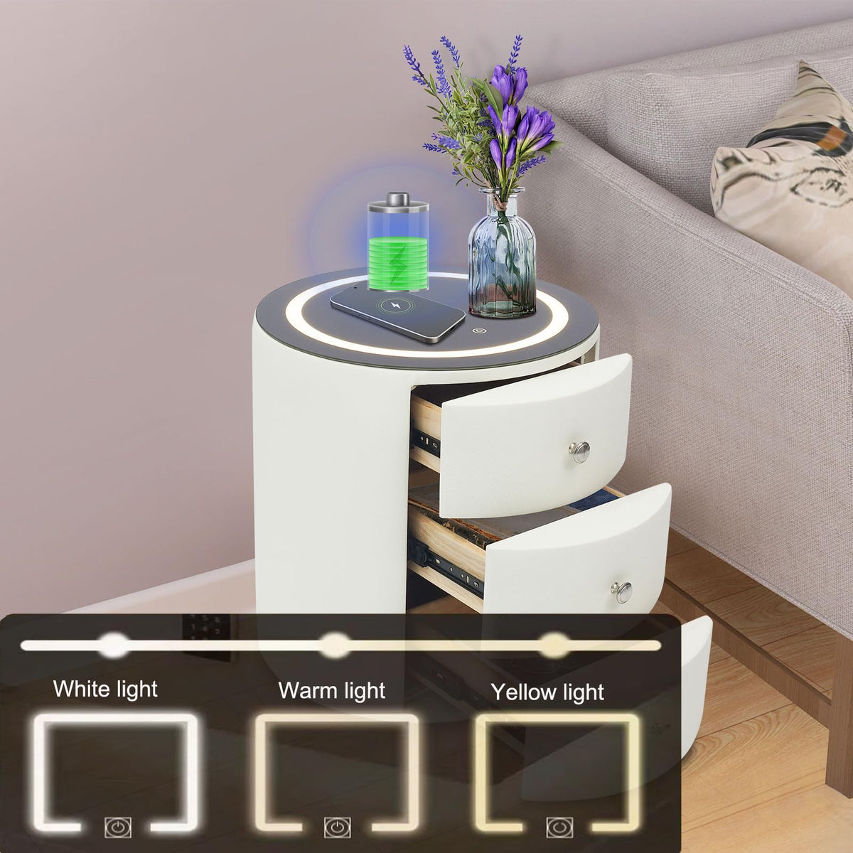 Smart Nightstand with Wireless Charging Station & LED Lights 3 Drawers G61780
