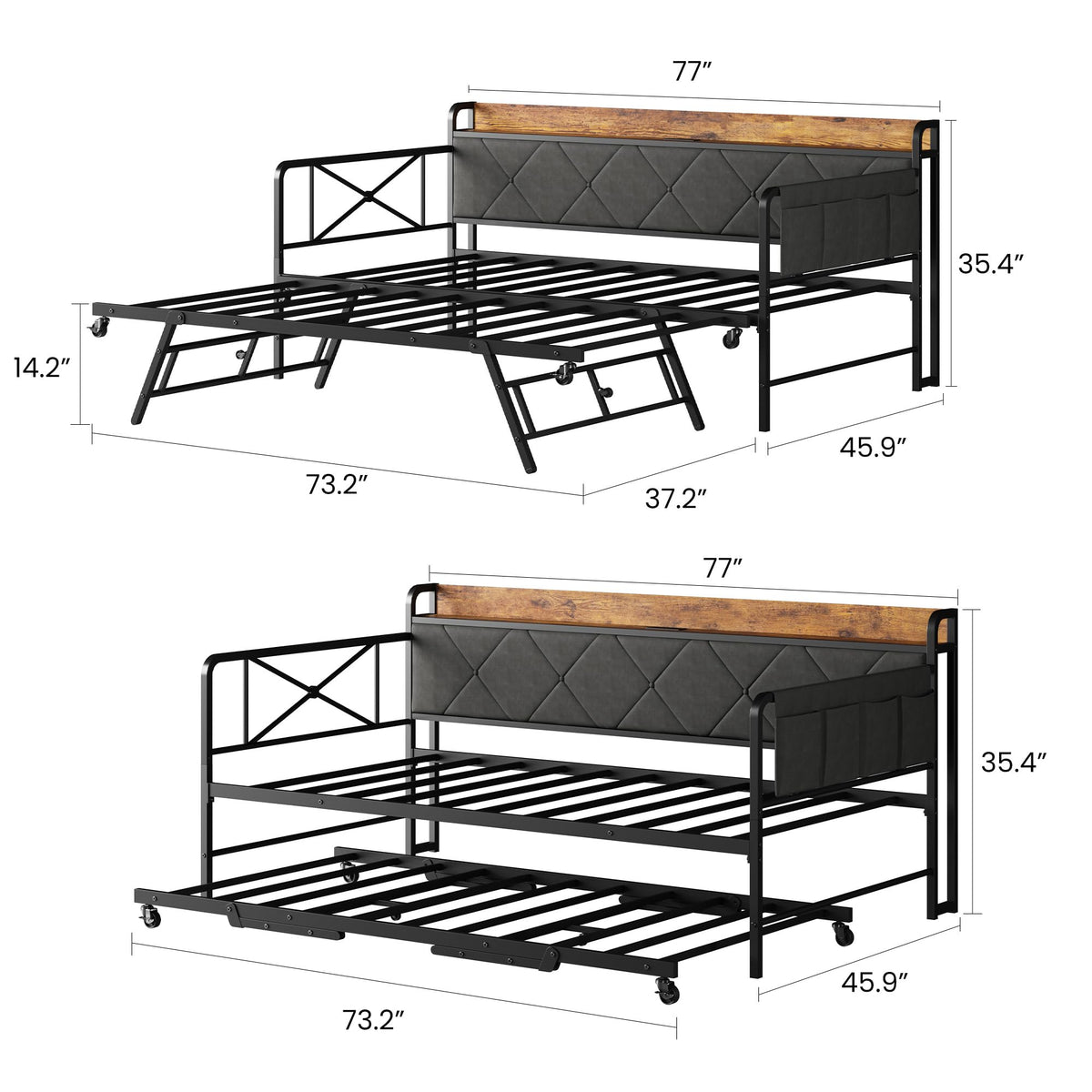 Twin Daybed with Upholstered Headboard and Trundle, Black R428