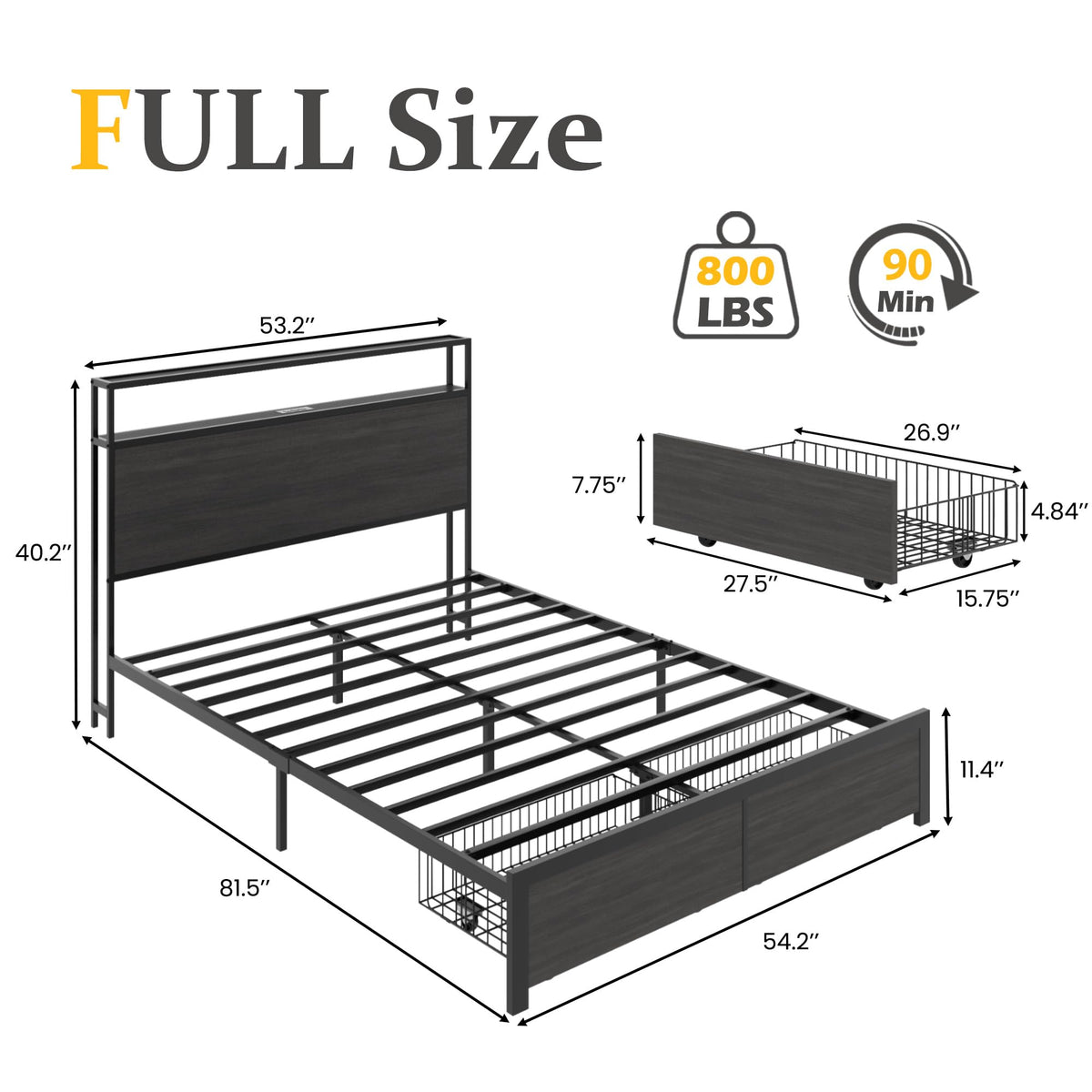 Rustic Grey Full Bed Frame with Charging Station Q692800