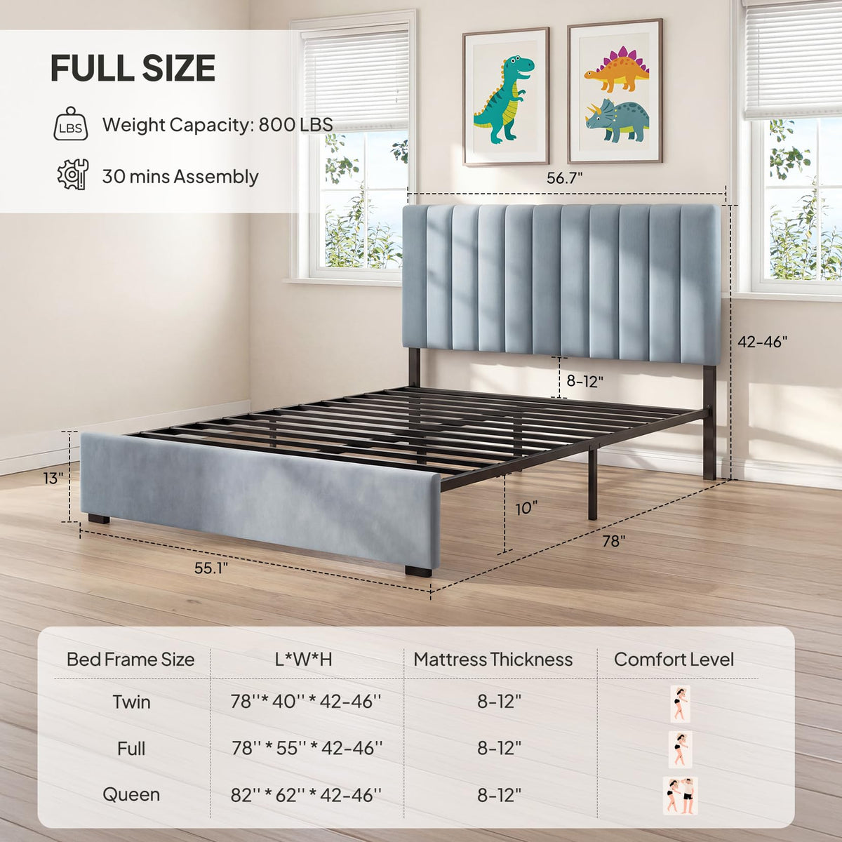 Full Size Blue Velvet Upholstered Bed Frame K778110