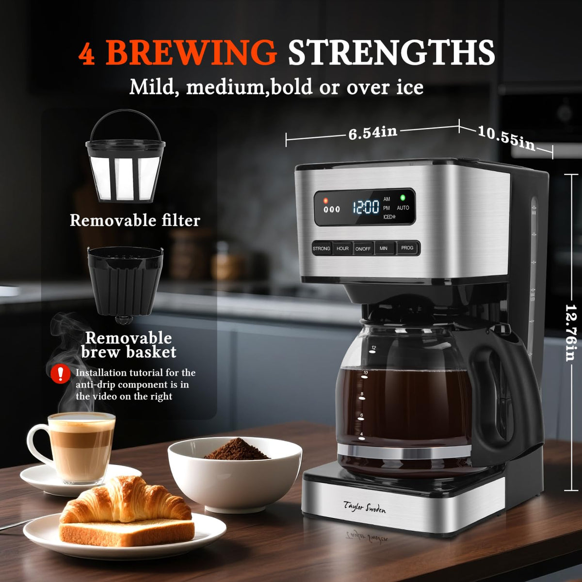 Programmable Coffee Maker 12 Cup, Black & Stainless Steel G716