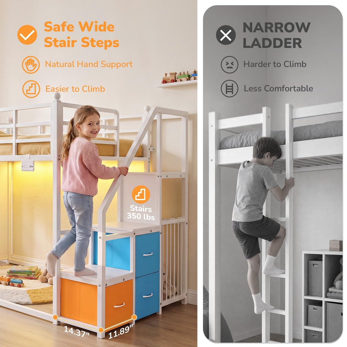 White Twin Over Twin Bunk Bed with Stairs and 3 Storage Drawers M38808