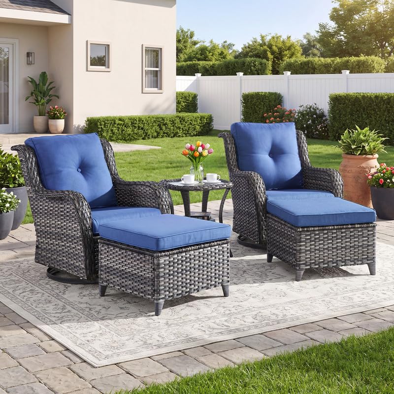 5 Pieces Outdoor Wicker Patio Furniture Set with Ottoman Blue L3114
