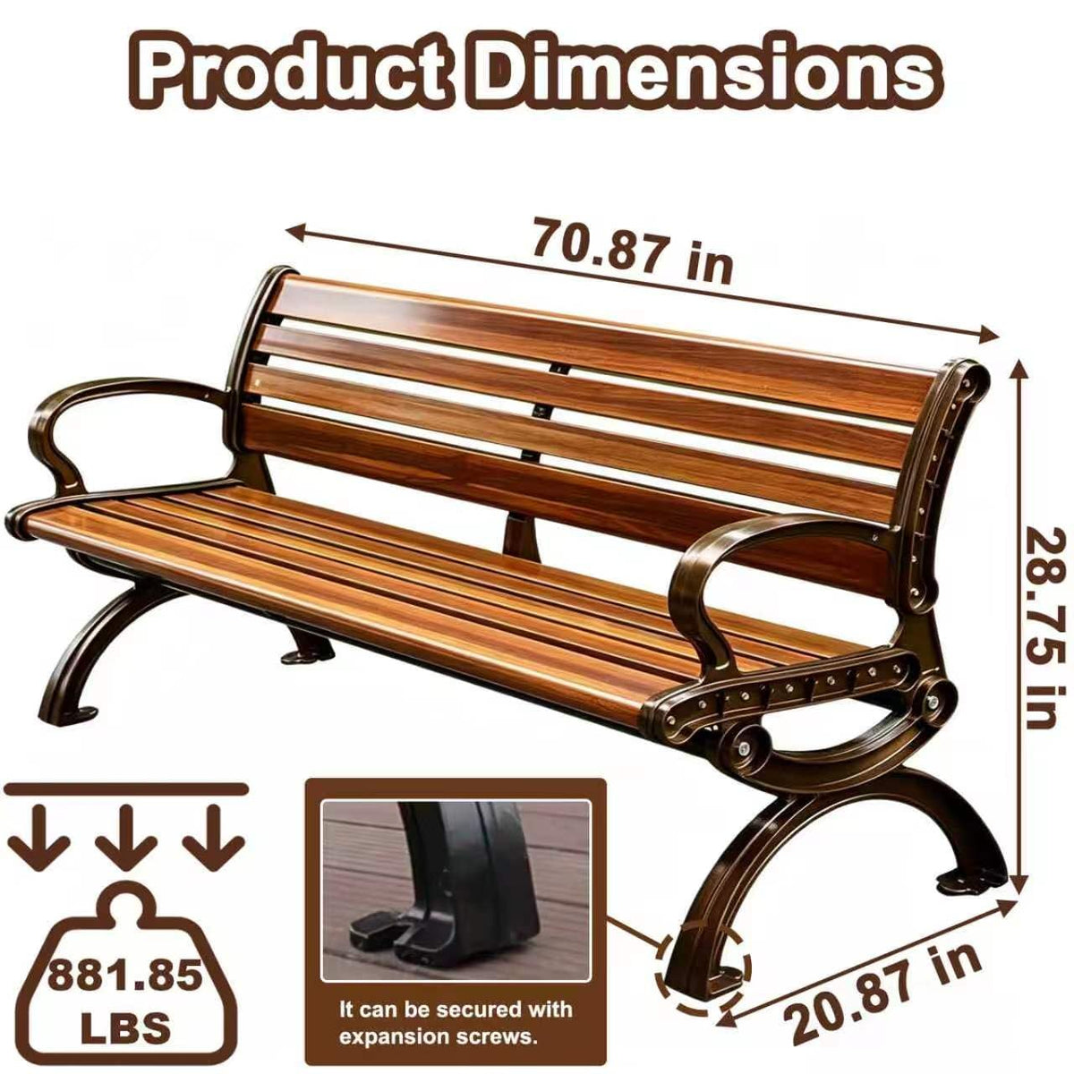 70" Aluminum Alloy Outdoor Bench with Armrest O66035
