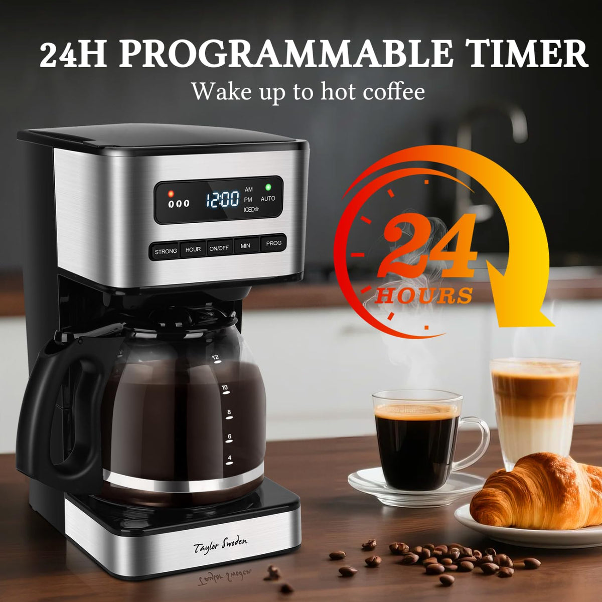 Programmable Coffee Maker 12 Cup, Black & Stainless Steel G716