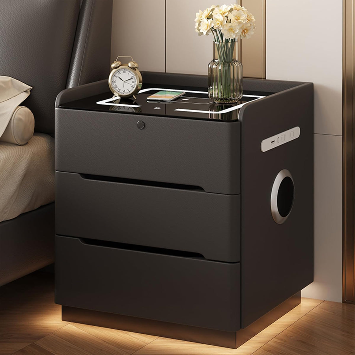 Dark Grey LED Nightstand with Wireless Charging L239052