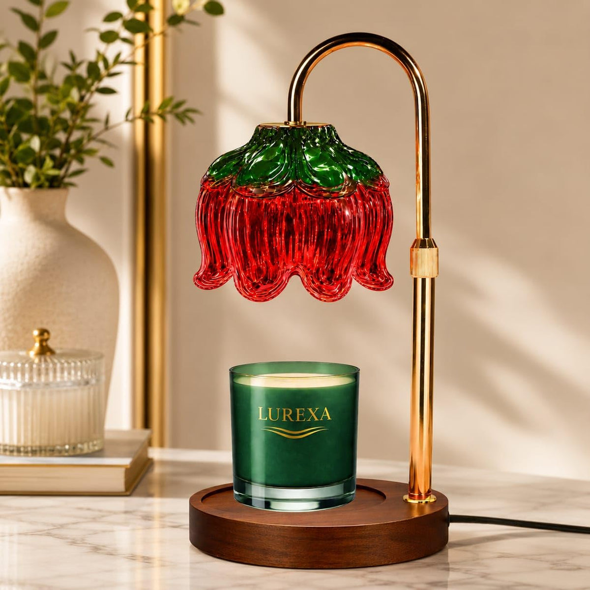 Adjustable Height Candle Warmer Lamp with Timer & Dimmer, Glass Lotus Wax Warmer, 2 GU10 50W Bulbs, Wooden Base X672