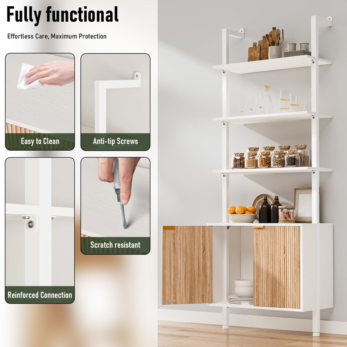 74" Tall White and Oak Bookshelf with Storage Cabinet I342