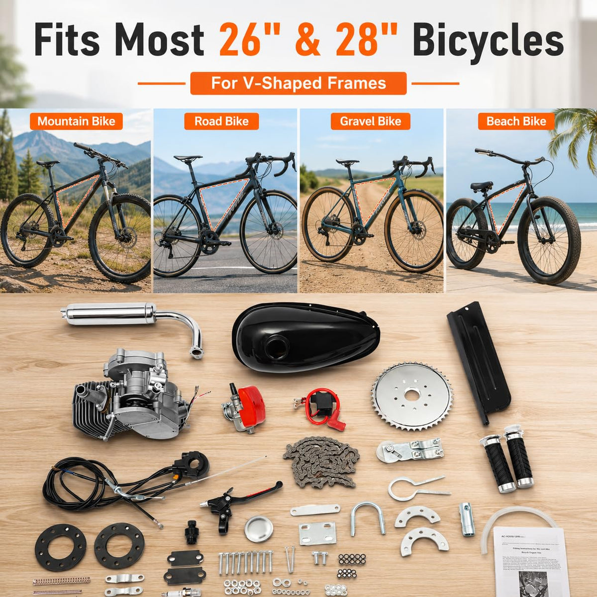 2-Stroke 100cc Gas Bicycle Engine Kit with 44 Tooth Sprocket O643