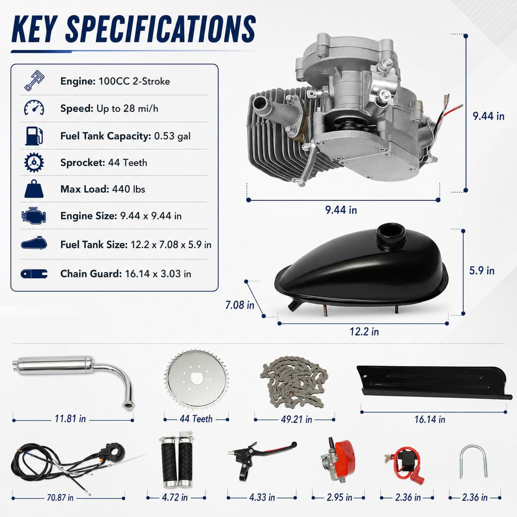 2-Stroke 100cc Gas Bicycle Engine Kit with 44 Tooth Sprocket O643