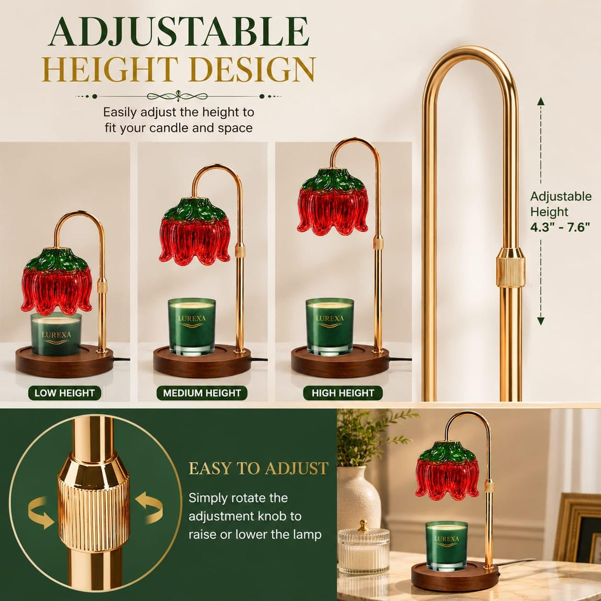 Adjustable Height Candle Warmer Lamp with Timer & Dimmer, Glass Lotus Wax Warmer, 2 GU10 50W Bulbs, Wooden Base X672