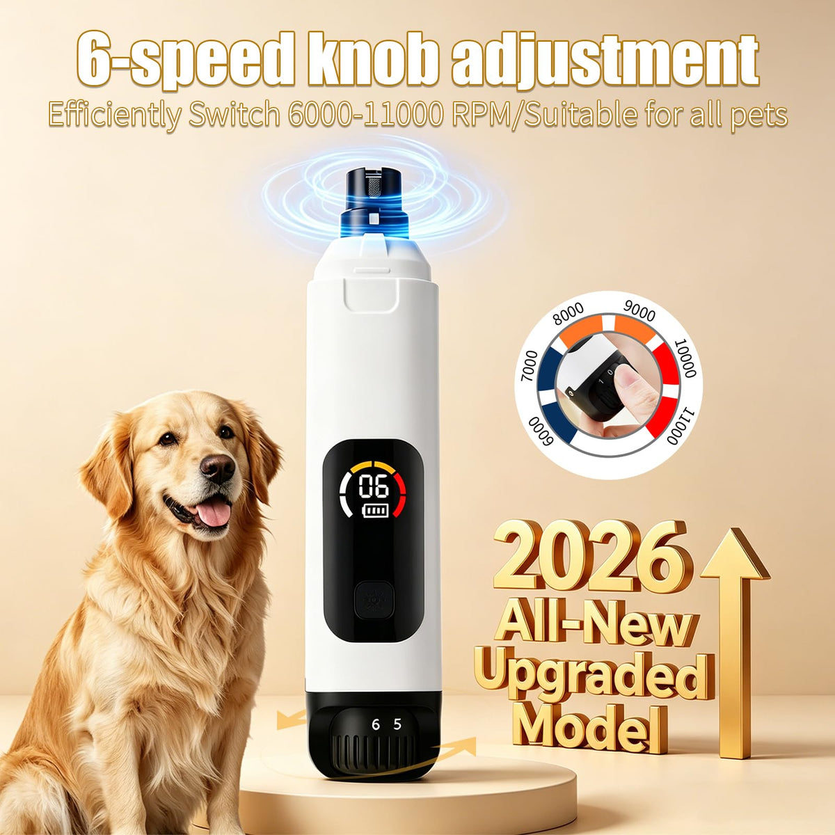 Dog Nail Grinder with LCD Screen, 6 Speeds, 4 Grinding Heads N905657