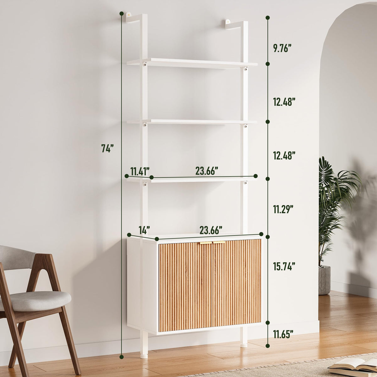 74" Tall White and Oak Bookshelf with Storage Cabinet I342