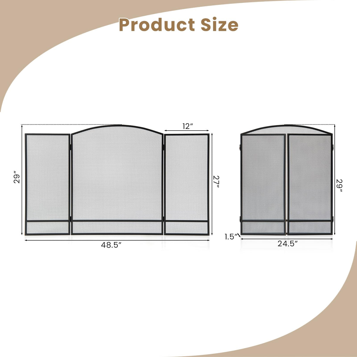 Black Wrought Iron 3 Panel Folding Fireplace Screen P694
