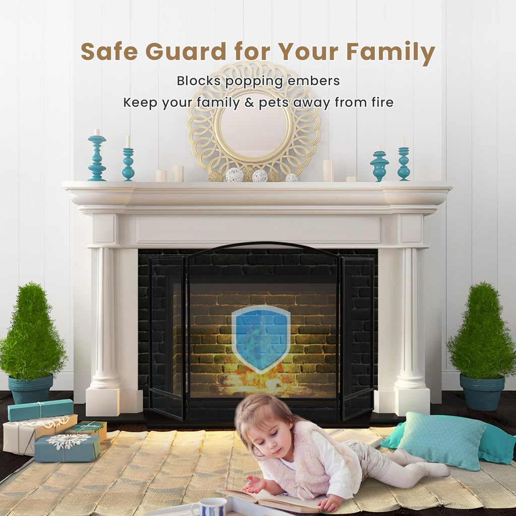Black Wrought Iron 3 Panel Folding Fireplace Screen P694