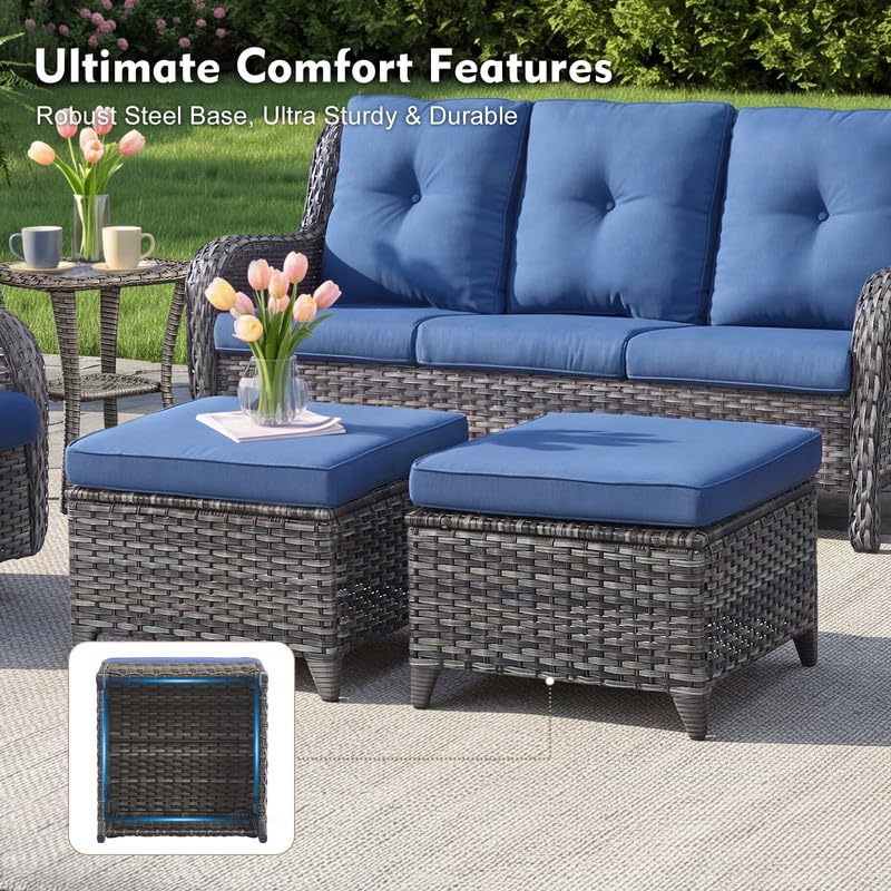 5 Pieces Outdoor Wicker Patio Furniture Set with Ottoman Blue L3114