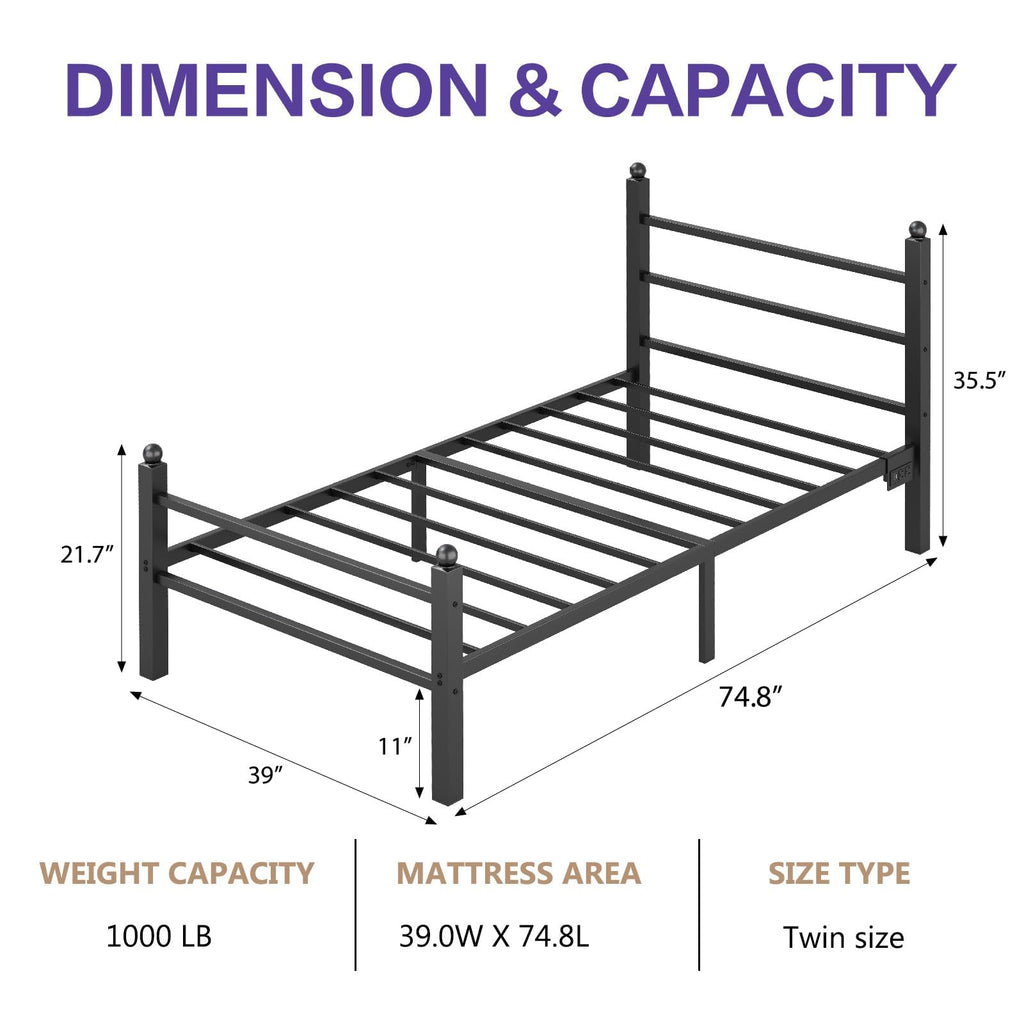 Black Twin Bed Frame with LED Lights and Charging Station U152