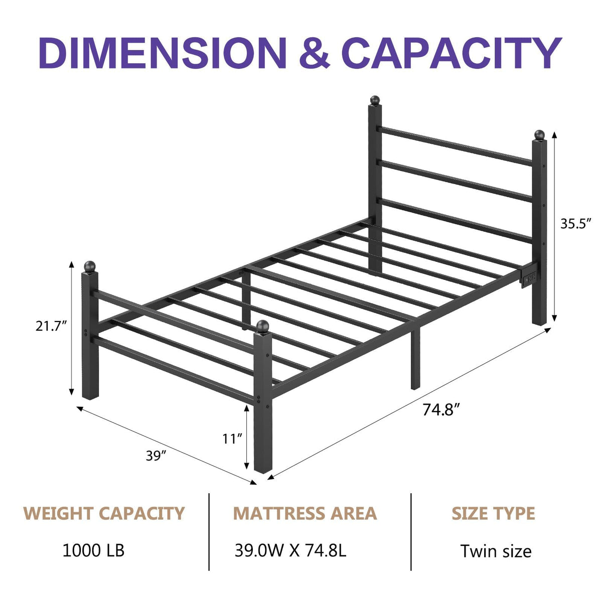 Black Twin Bed Frame with LED Lights and Charging Station U152