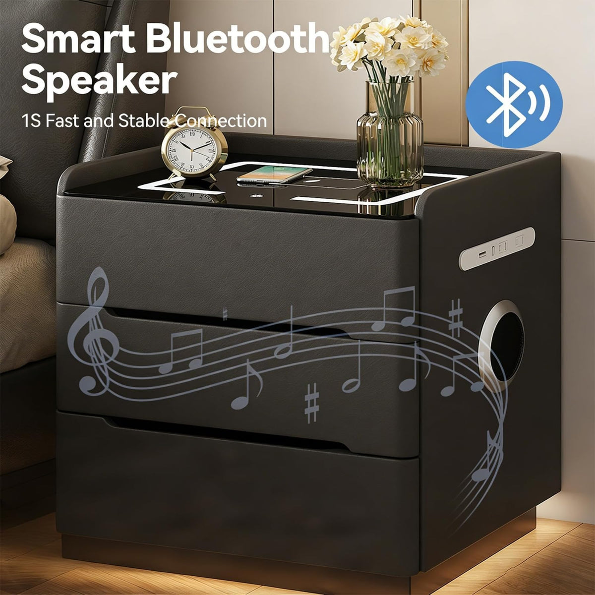 Dark Grey LED Nightstand with Wireless Charging L239052