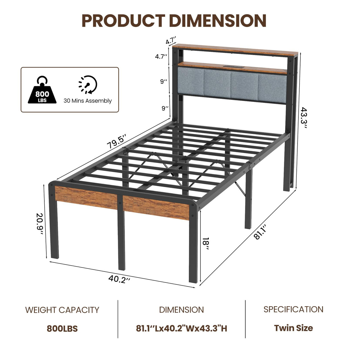 Twin Bed Frame with 18-Inch Under-Bed Storage and RGB LED Lights O662