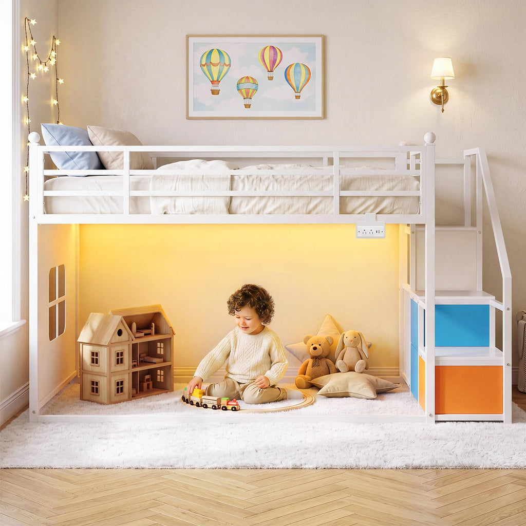 White Twin Over Twin Bunk Bed with Stairs and 3 Storage Drawers M38808
