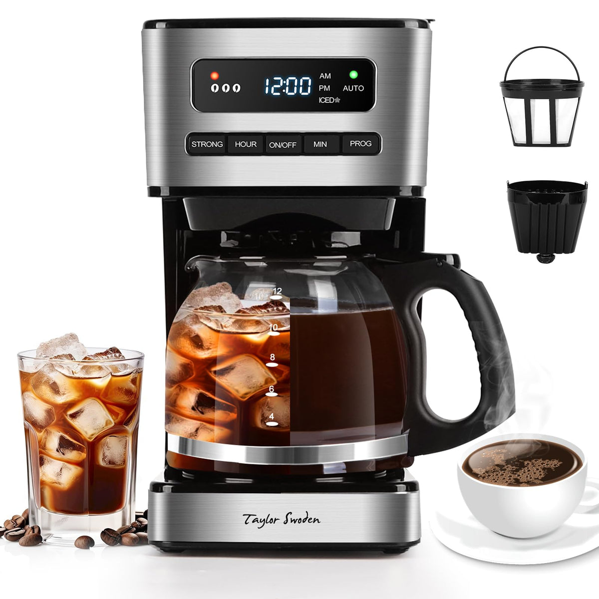 Programmable Coffee Maker 12 Cup, Black & Stainless Steel G716