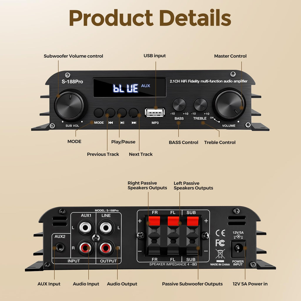 2.1 Channel Stereo Audio Amplifier Bluetooth 5.0 with Remote X100