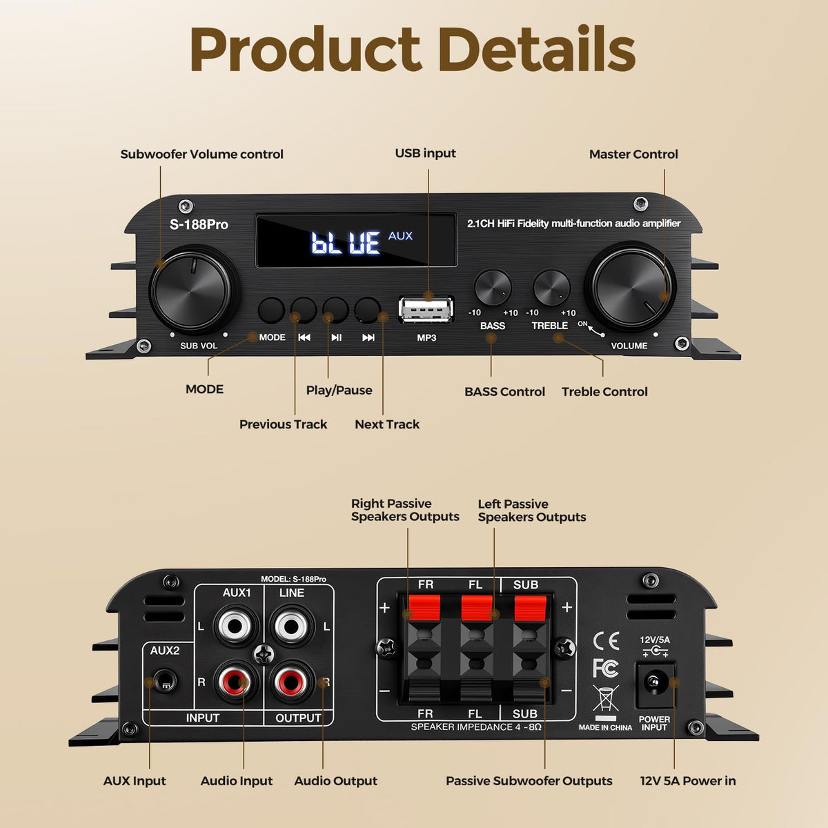 2.1 Channel Stereo Audio Amplifier Bluetooth 5.0 with Remote X100
