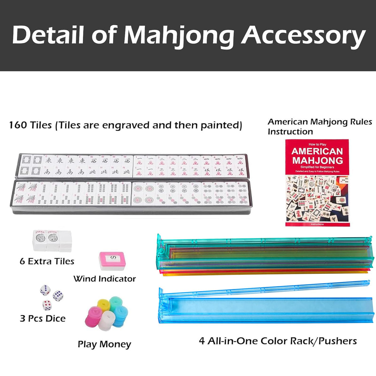 American Mahjong Game Set, 166 White Tiles, 4 Color Rack/Pushers, Blue Carrying Bag M438540
