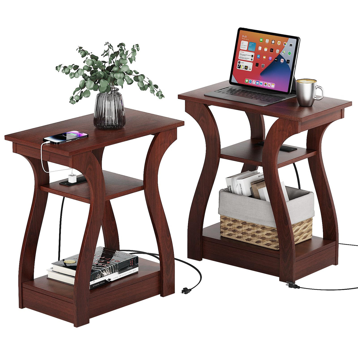 Cherry End Tables Set of 2 with Charging Station S77352