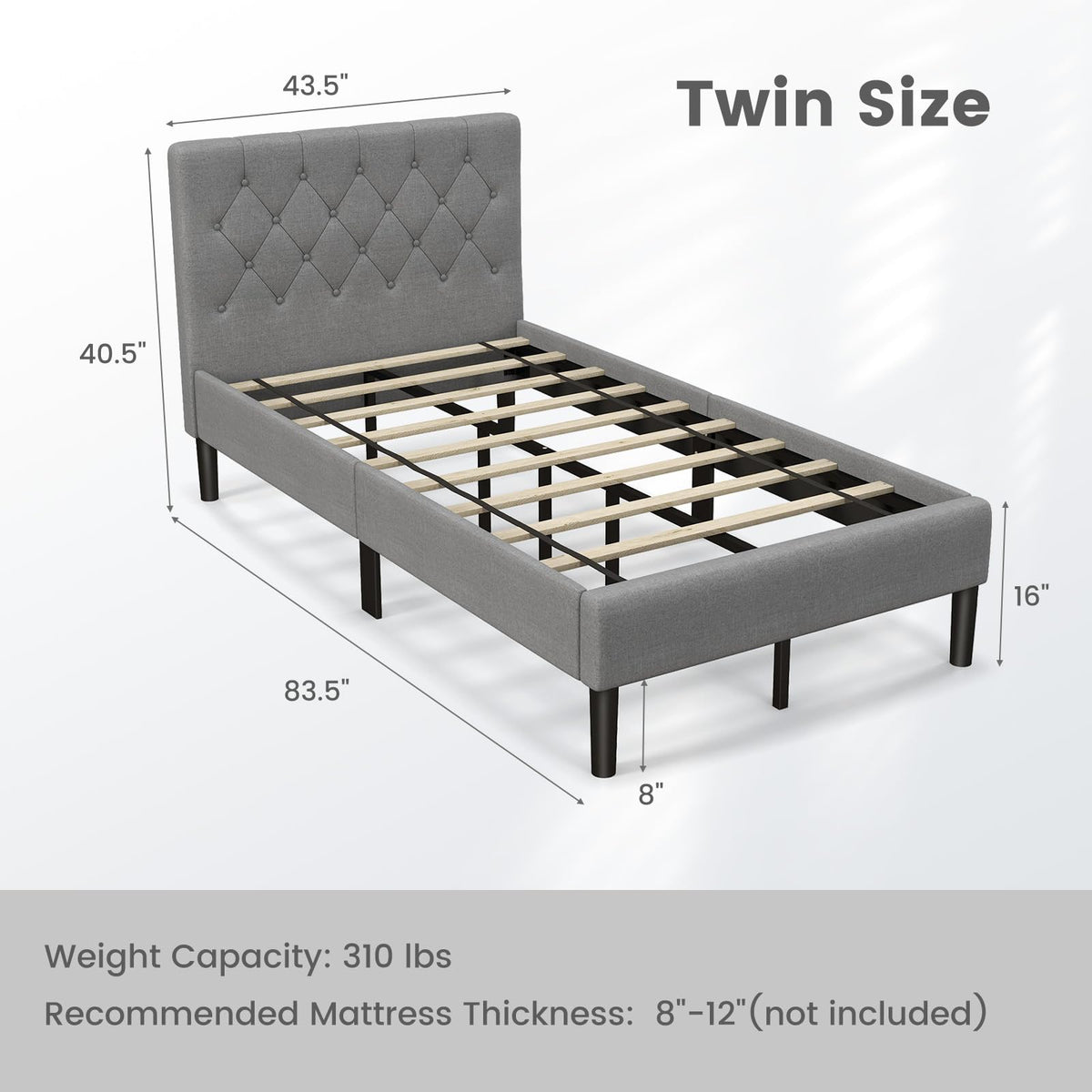 Grey Twin Upholstered Platform Bed with Headboard D147