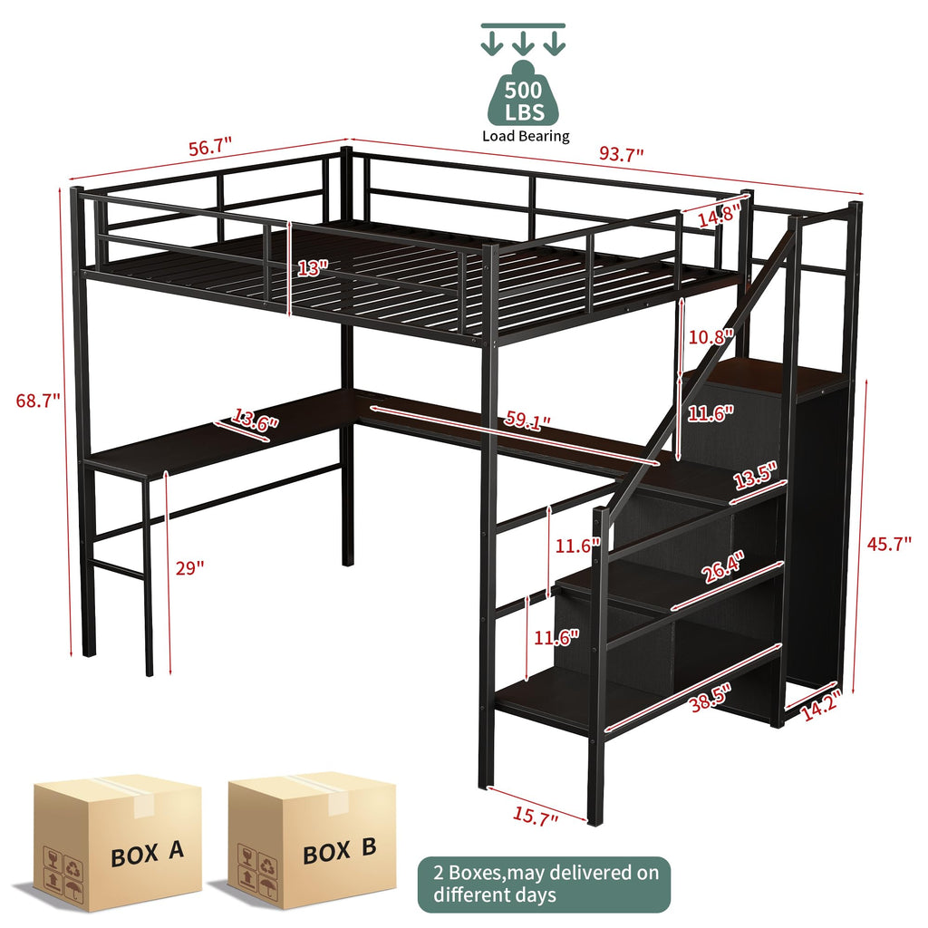 Full Size Metal Loft Bed with Desk & Storage Staircase F9973